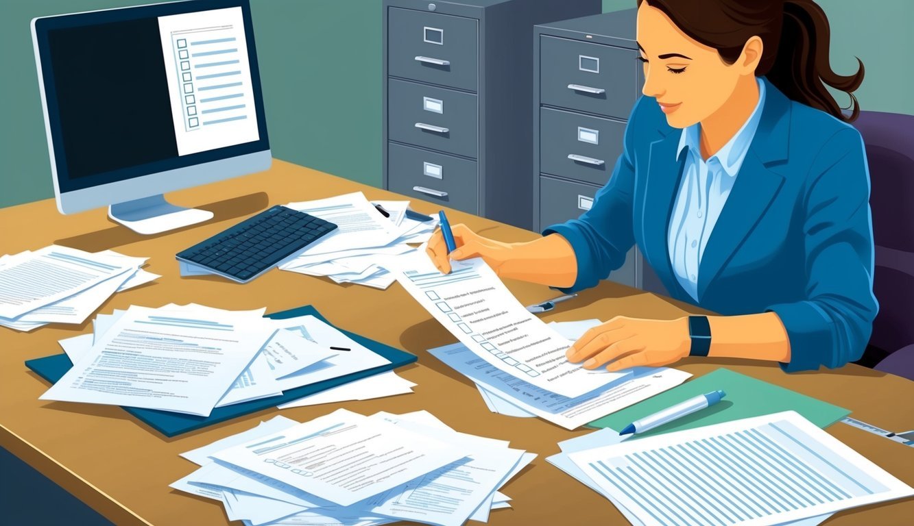 A desk with scattered documents, a computer, and a file cabinet.</p><p>A person reviewing papers with a checklist and pen