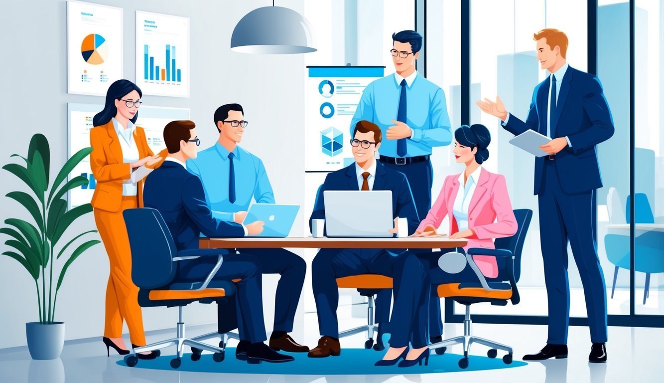 Business team in a meeting around a table, discussing data