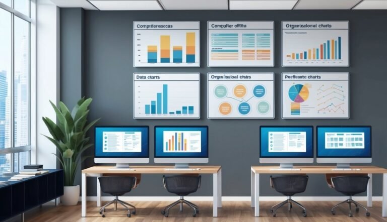 Office with charts on the wall, computers on desks, and a large window