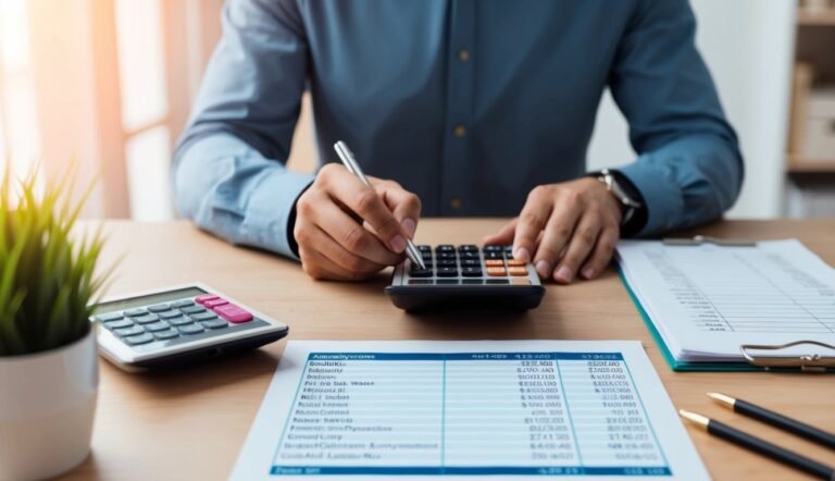 Person using a calculator, reviewing financial documents on a desk