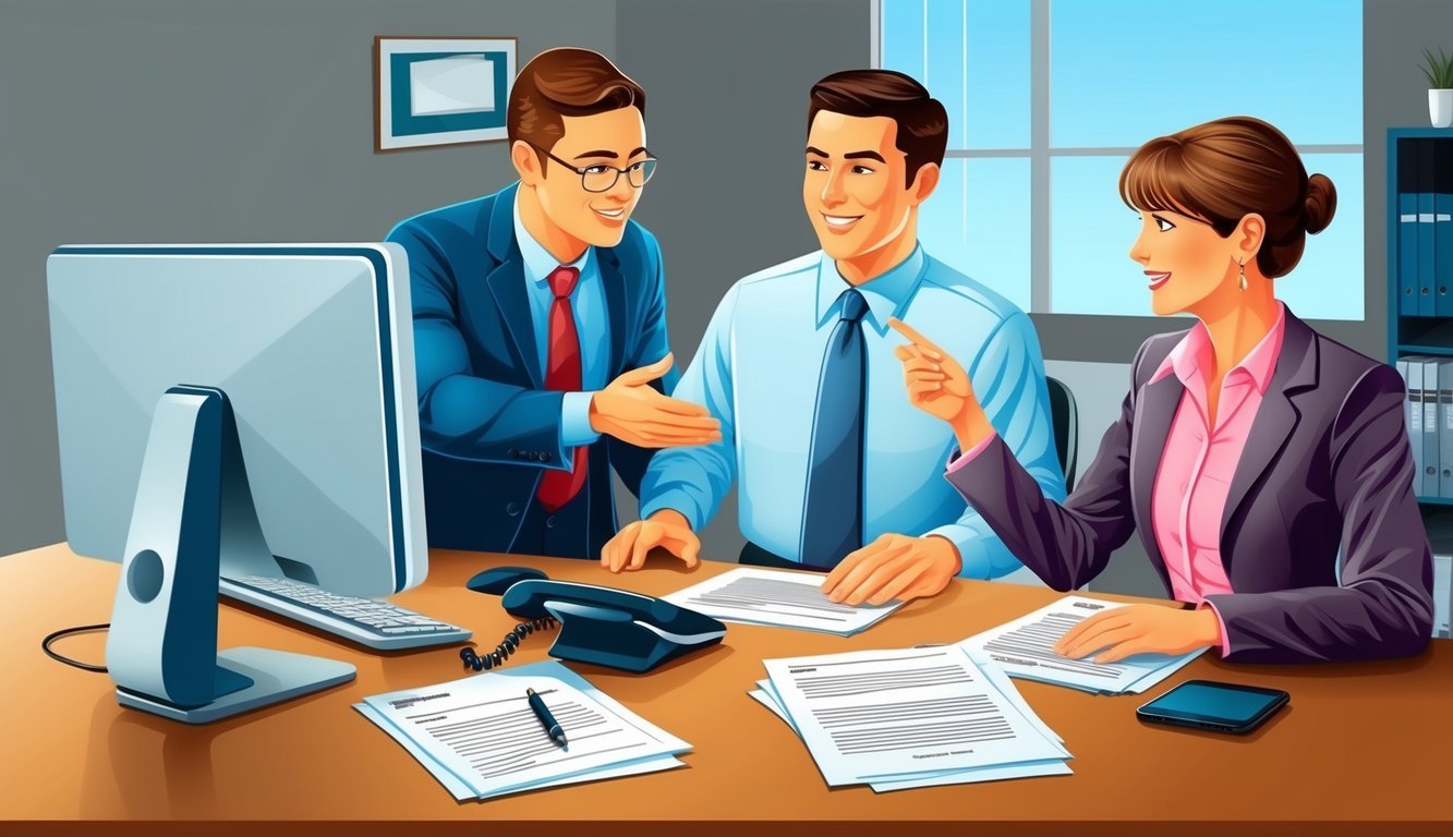 A desk with a computer, phone, and paperwork.</p><p>A manager assists an employee while answering questions