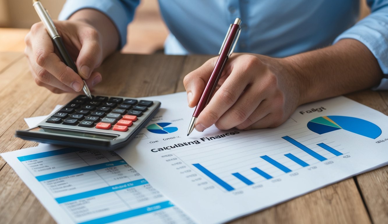 A person calculating finances with a pen, calculator, and budget sheet