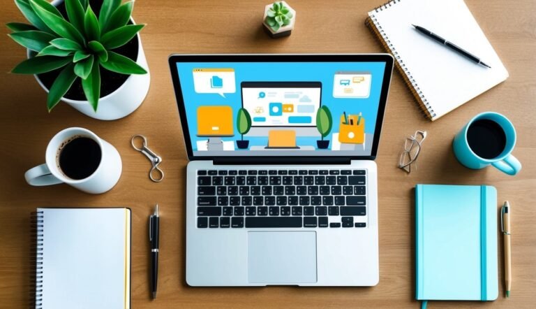 Laptop with workspace icons, coffee, and stationery on a wooden desk