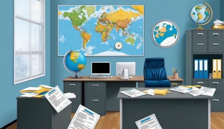 Office with world map, globes, computer, and scattered paperwork on desks