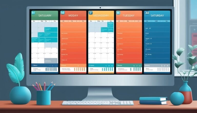 Computer monitor displaying a digital calendar with colorful daily schedules