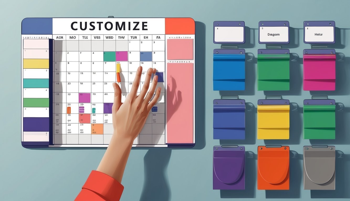 A hand reaching to customize an interactive calendar with various colorful extension options