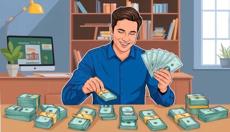 Smiling man surrounded by stacks of cash, holding money in his hands