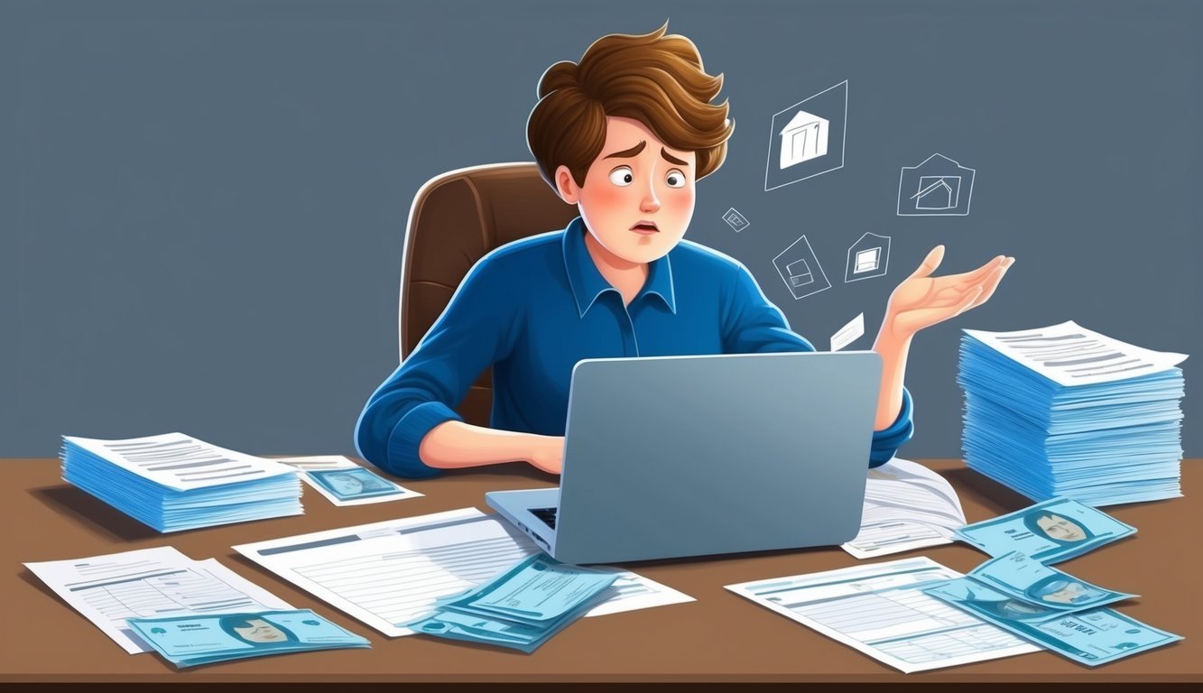 A person sitting at a desk with a laptop, surrounded by paperwork and bills.</p><p>A worried expression on their face as they search for answers online