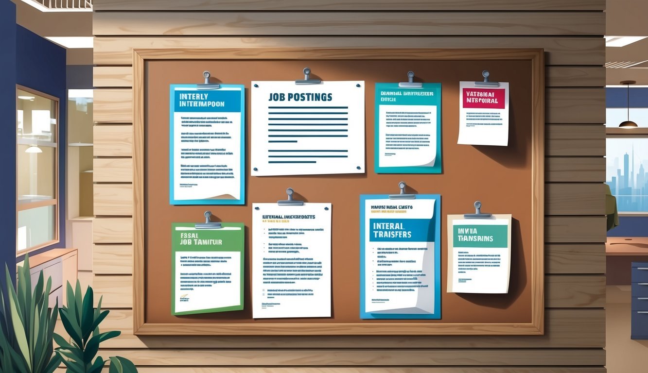 An office notice board with various job postings pinned up, including one for internal transfers