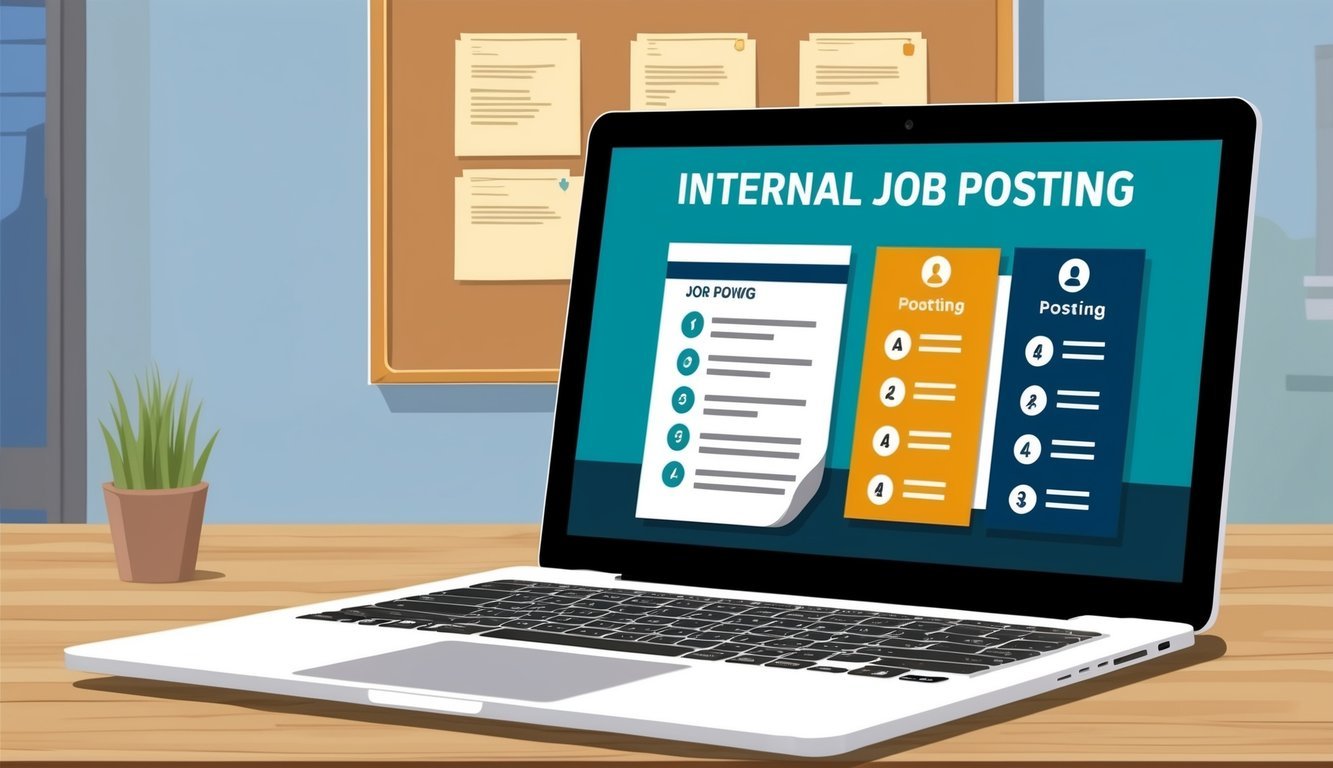 An open laptop displaying an internal job posting with a list of frequently asked questions.</p><p>A bulletin board in the background