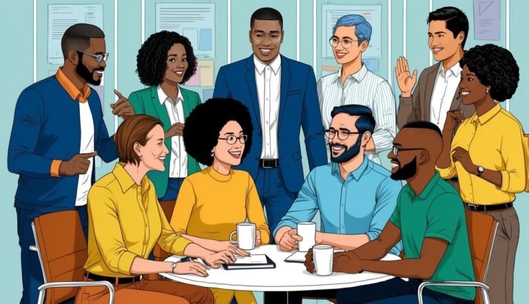 Diverse group of people in a meeting around a table, smiling