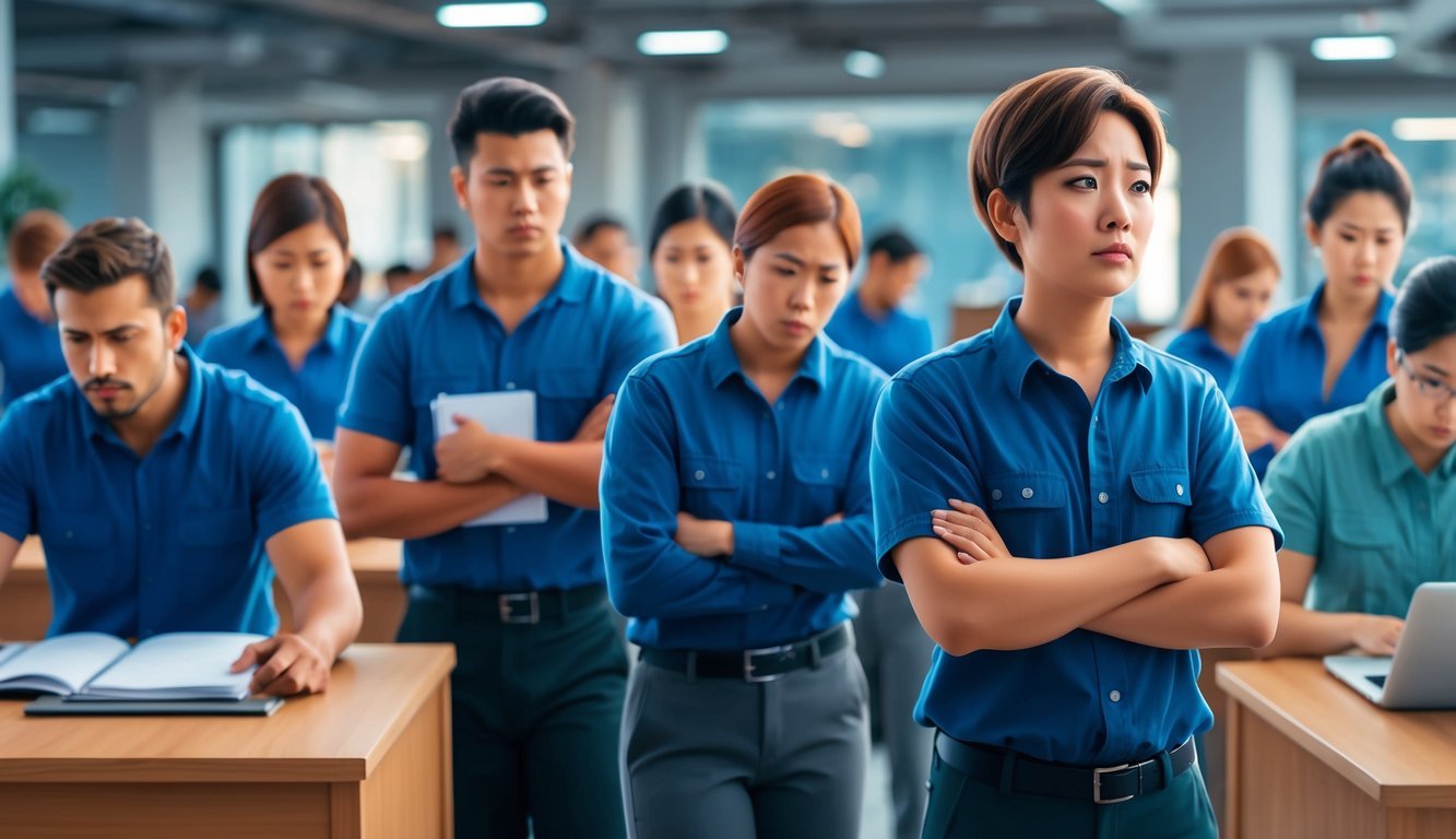 A person standing out from a group of workers, looking lost and confused.</p><p>The others are busy and focused, while the individual appears isolated and disconnected