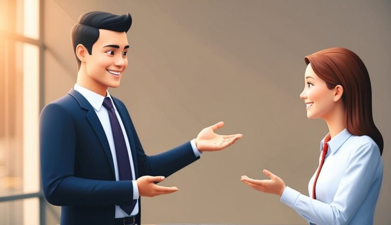 Smiling man in suit gestures to woman in white shirt