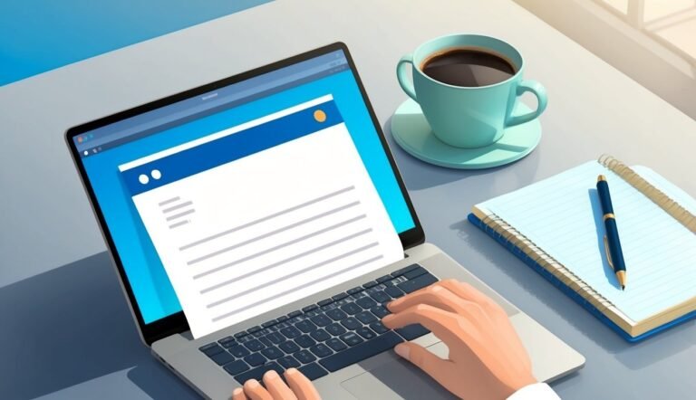 Laptop with document on screen, coffee, notepad, and hands typing