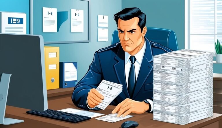 Man in suit reviews I-9 forms at a desk with a large stack