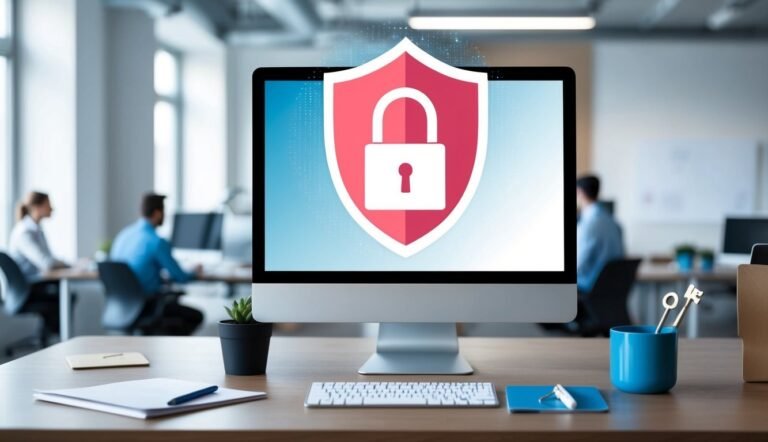 Computer monitor with a shield and lock icon, office background