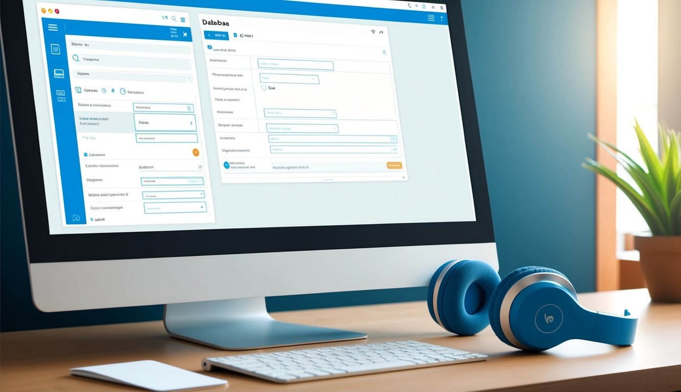 A computer screen displaying a database interface with various fields for input and a headset resting on the desk beside it