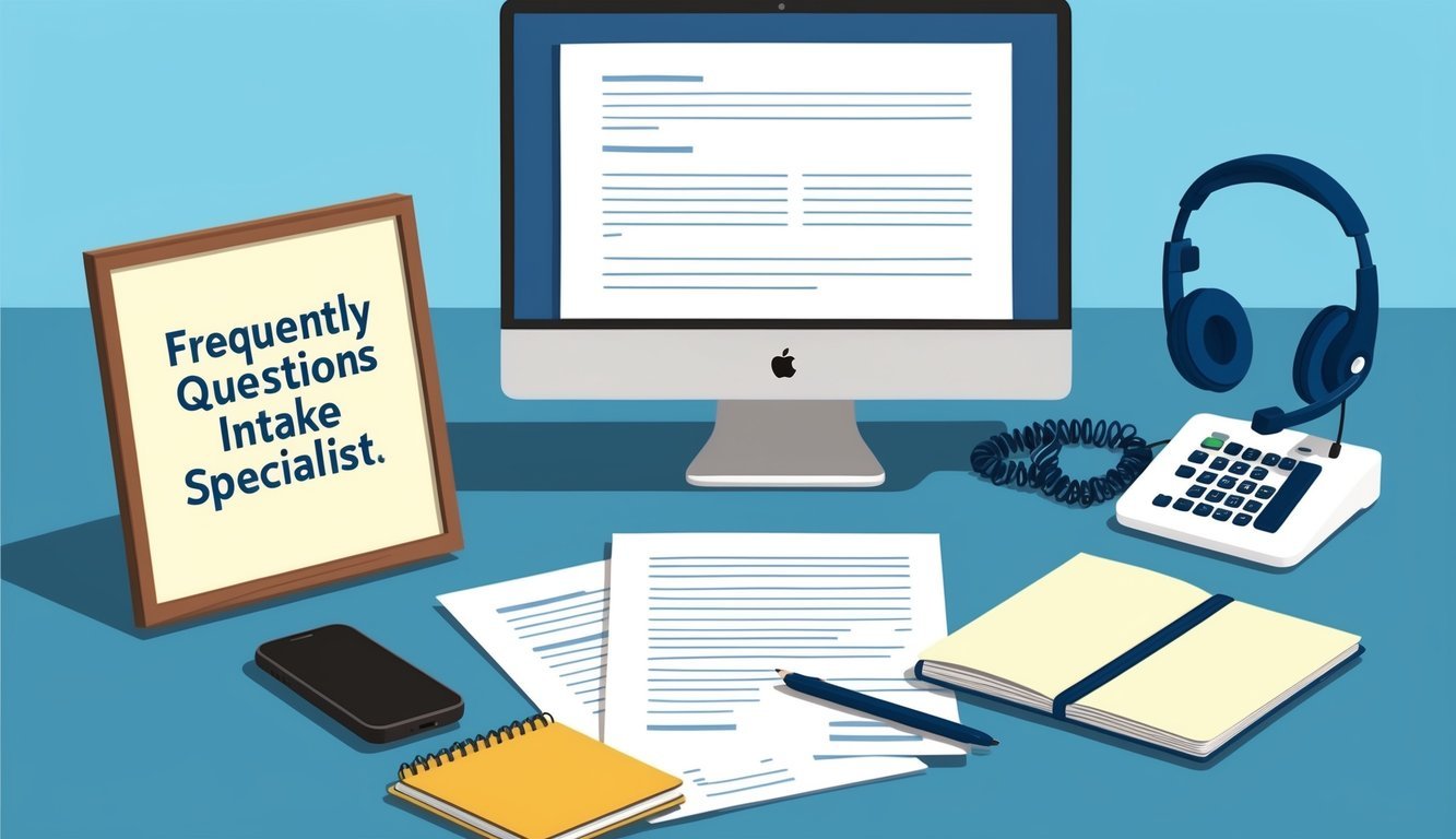 A desk with a computer, headset, and paperwork.</p><p>A phone and notebook sit nearby.</p><p>A sign reads "Frequently Asked Questions Intake Specialist."