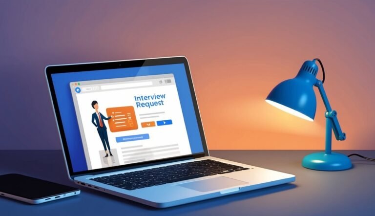 Laptop with interview request form, desk lamp, and smartphone