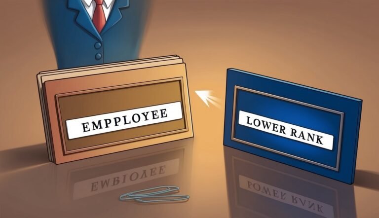 Employee demotion concept: "Employee" nameplate transforms into "Lower Rank" with a pointing arrow
