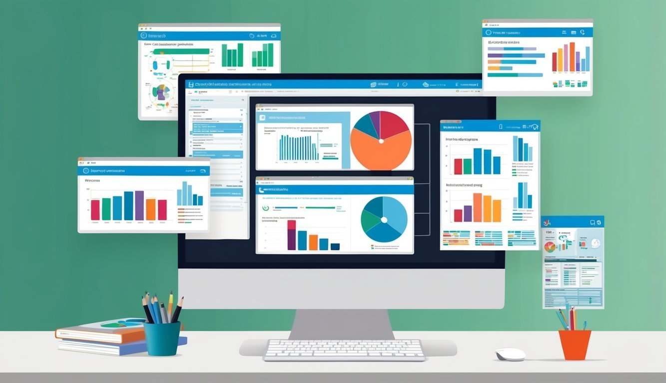 Computer monitor displaying multiple charts and graphs, with office supplies in foreground