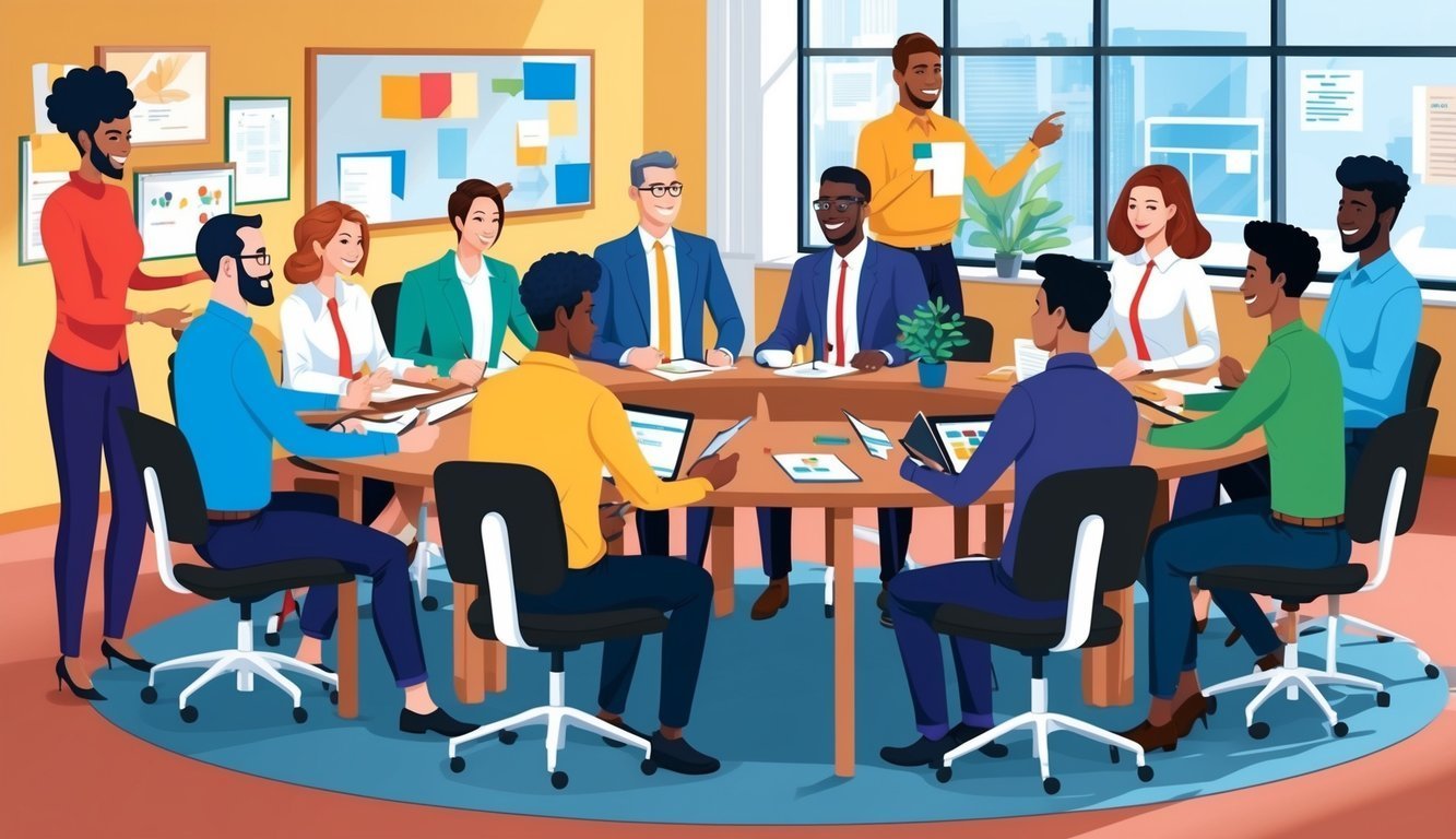 Diverse group of people in a meeting around a large oval table