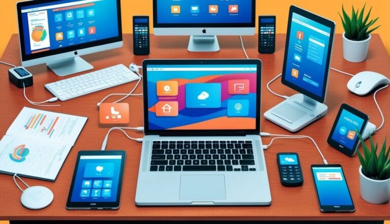Desk with laptop, computer, tablets, phones, and documents