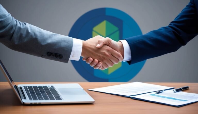Two business people shaking hands over a desk with documents and laptop