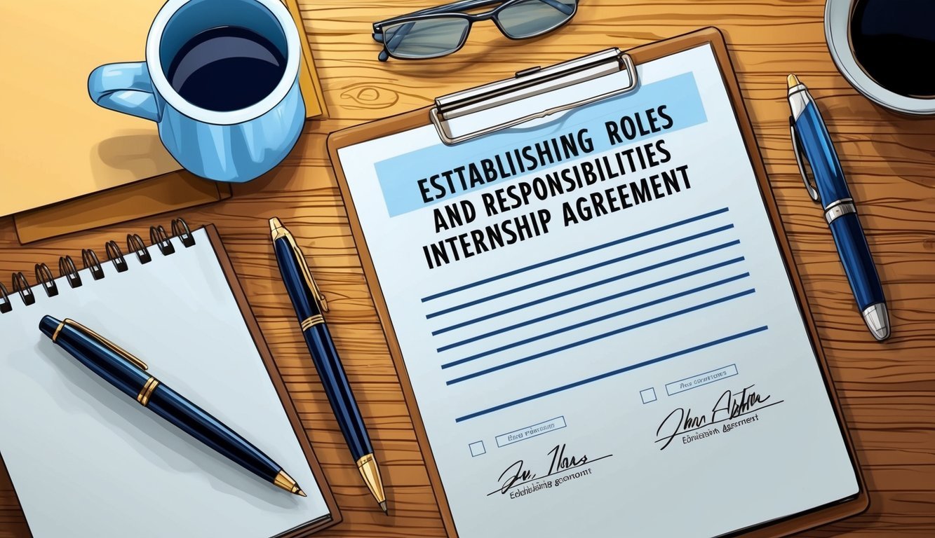 A desk with a pen, paper, and a document labeled "Establishing Roles and Responsibilities Internship Agreement" with two signatures at the bottom