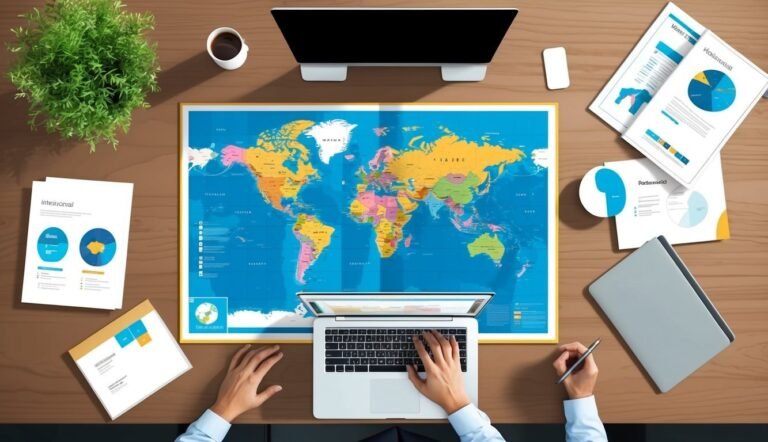 Overhead view of desk with world map, laptop, documents, and hands