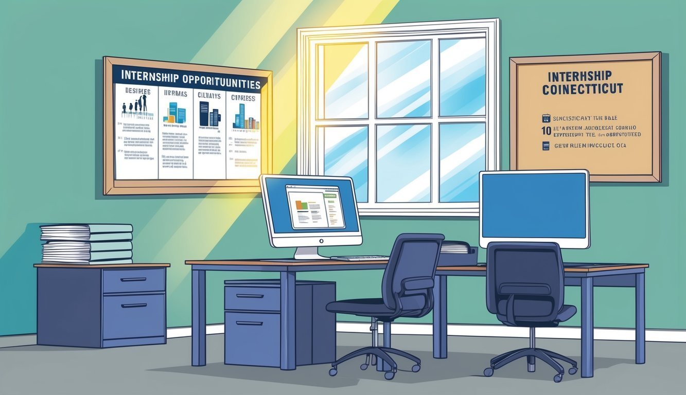 Office interior with two desks, computers, and internship opportunity posters on walls