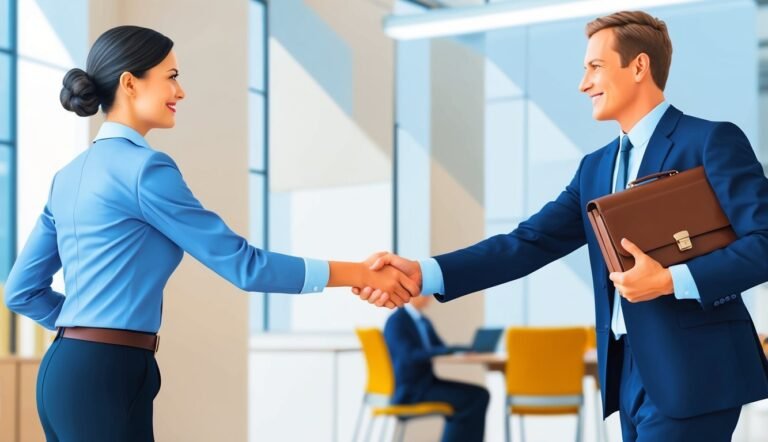 Businesspeople shaking hands in an office, man holding a briefcase