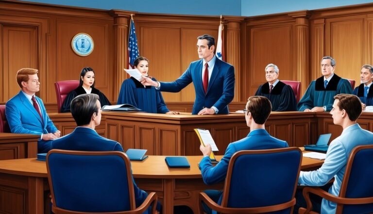 Courtroom scene with lawyers, judges, and an American flag in the background
