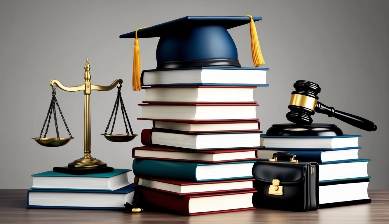 A stack of law books surrounded by a gavel, scales of justice, and a briefcase, with a graduation cap perched on top