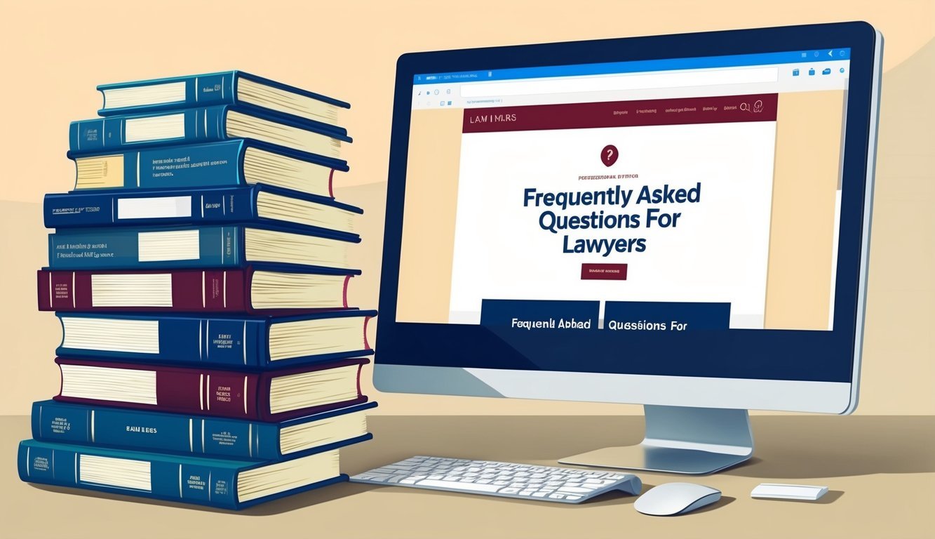 A stack of legal books and a computer screen displaying a webpage with the title "Frequently Asked Questions for Lawyers."