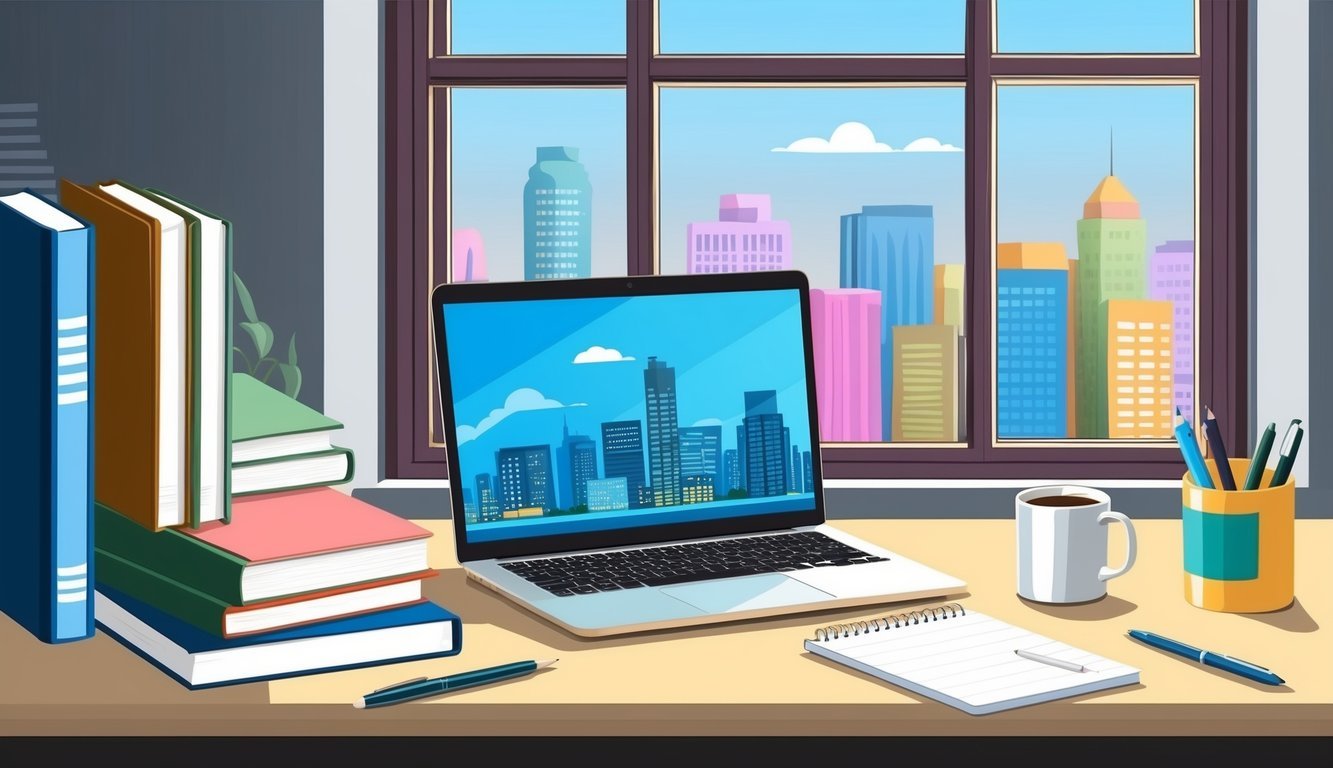 A desk cluttered with books, a laptop, and a notepad.</p><p>A coffee mug and pen sit nearby.</p><p>A window reveals a cityscape