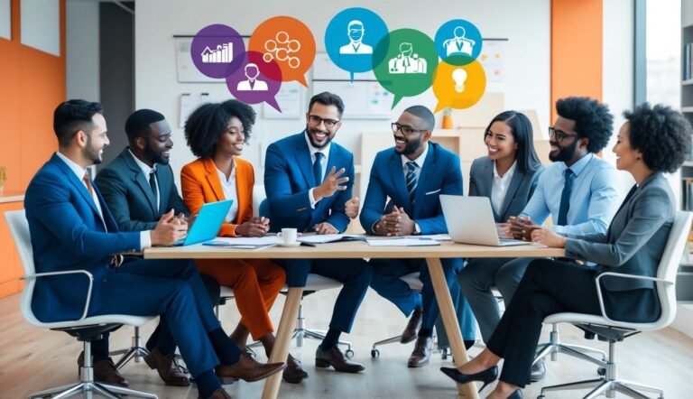 Diverse group of business people in a meeting with speech bubble icons