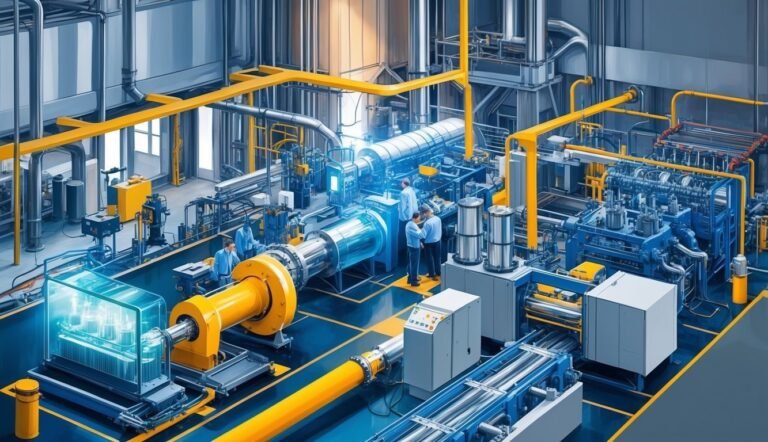 Industrial factory interior with machinery, pipes, and workers
