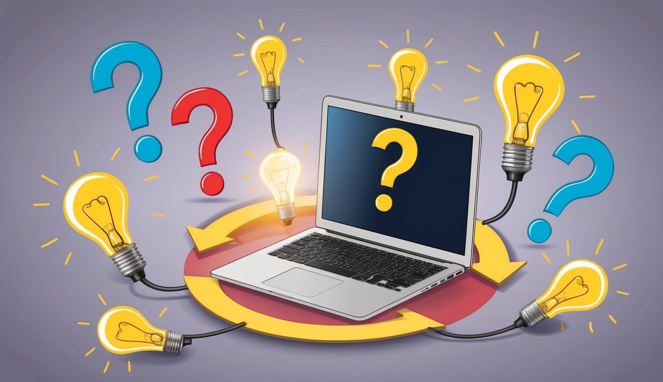 An open laptop surrounded by question marks and lightbulbs