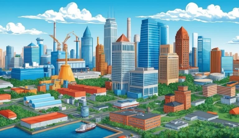 Cartoon illustration of a city skyline with skyscrapers, water, and clouds