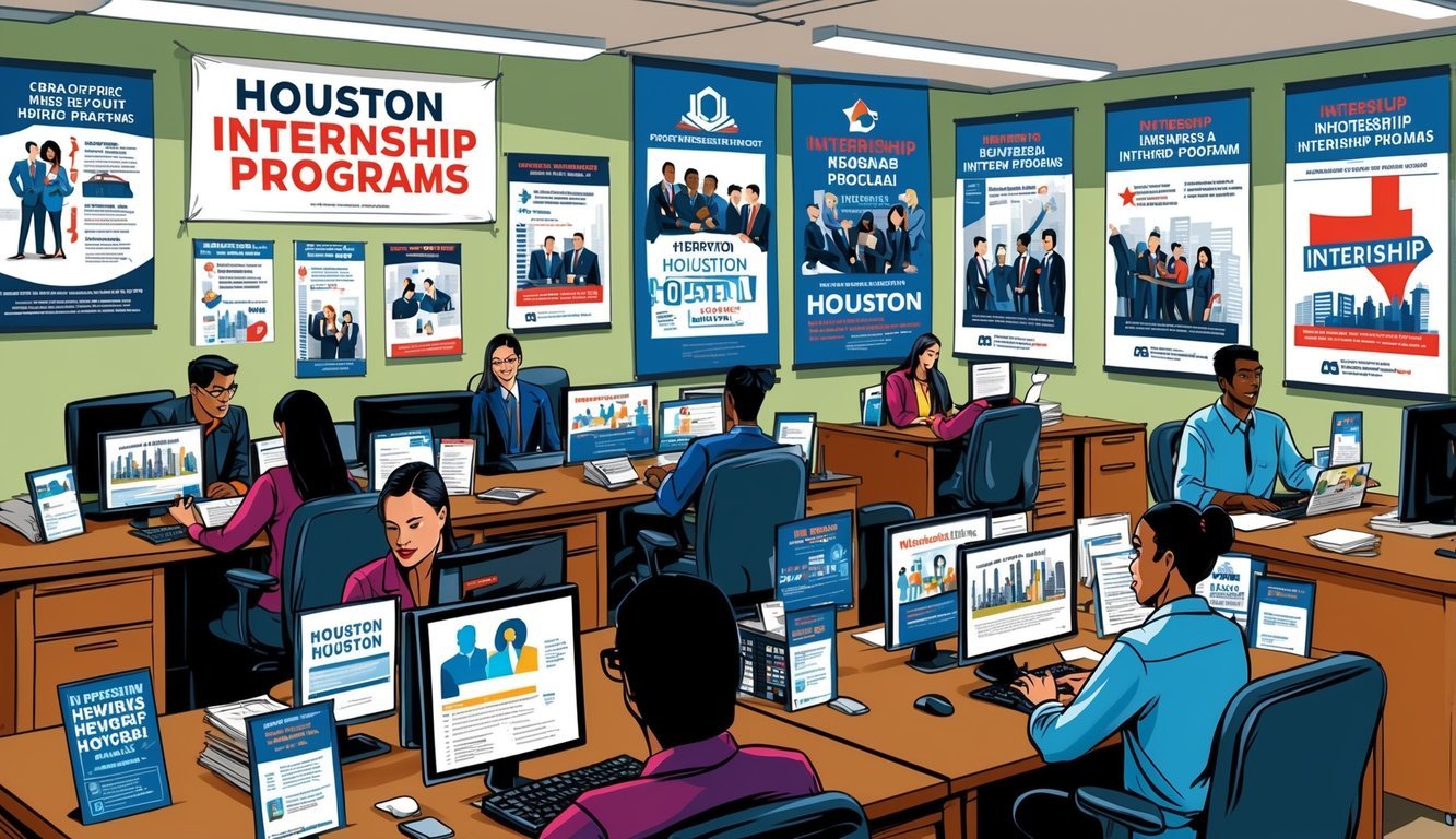 A bustling office with employees working at desks, surrounded by posters and banners promoting various internship programs in Houston