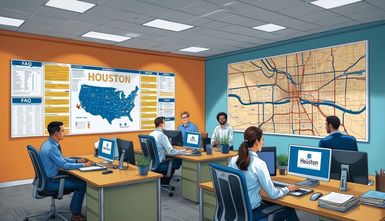 A bustling office with people at desks, a wall of FAQs, and a map of Houston