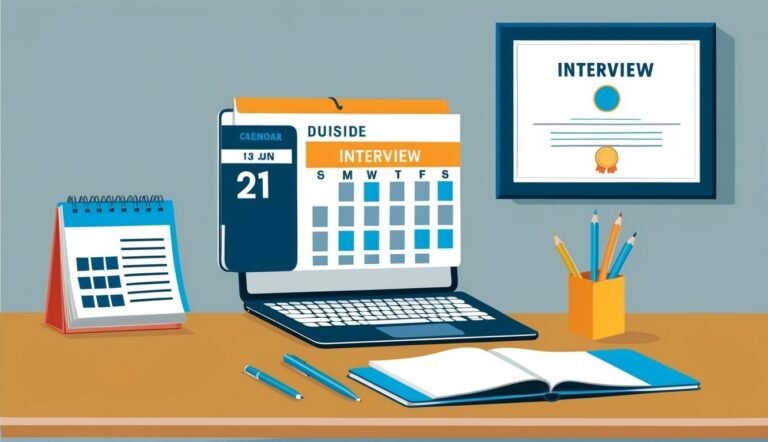 Laptop calendar with interview date, pens, pencils, and framed certificate