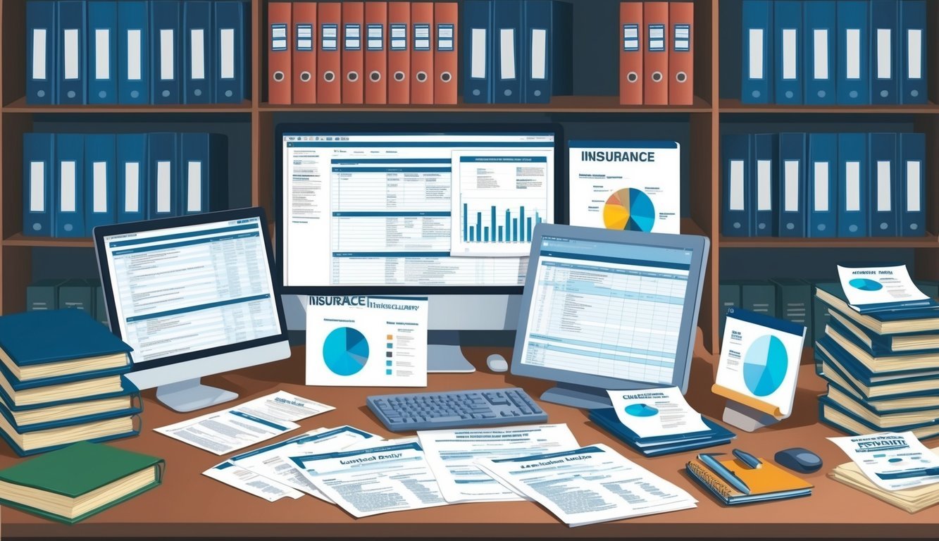 A desk cluttered with insurance policy documents, charts, and computer screens, surrounded by shelves of thick binders and reference books