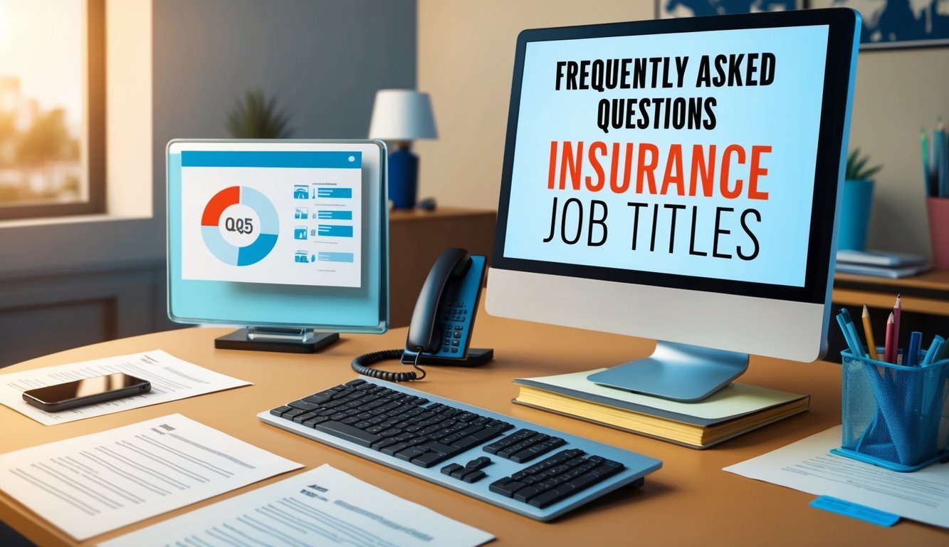 A desk with a computer, phone, and papers.</p><p>A sign with "Frequently Asked Questions Insurance job titles" displayed prominently