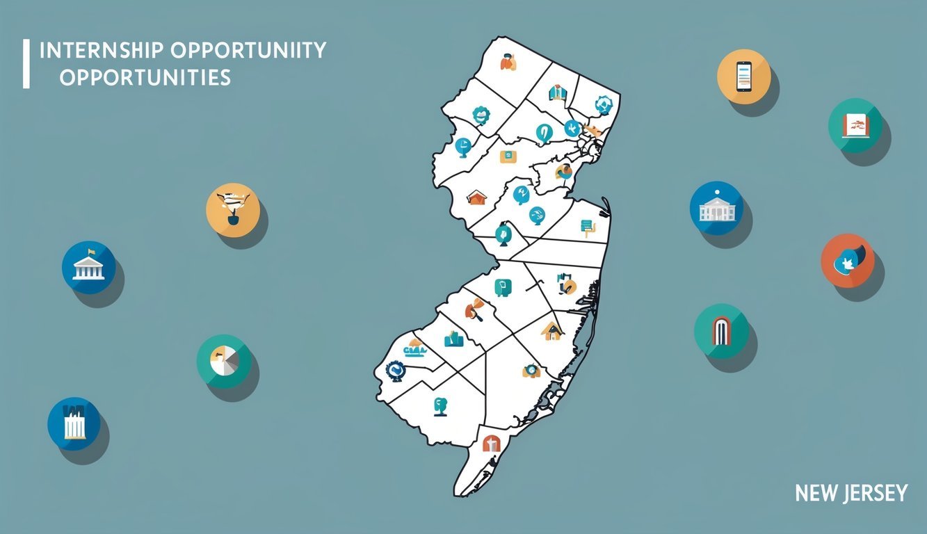 A map of New Jersey with various icons representing internship opportunities scattered across the region