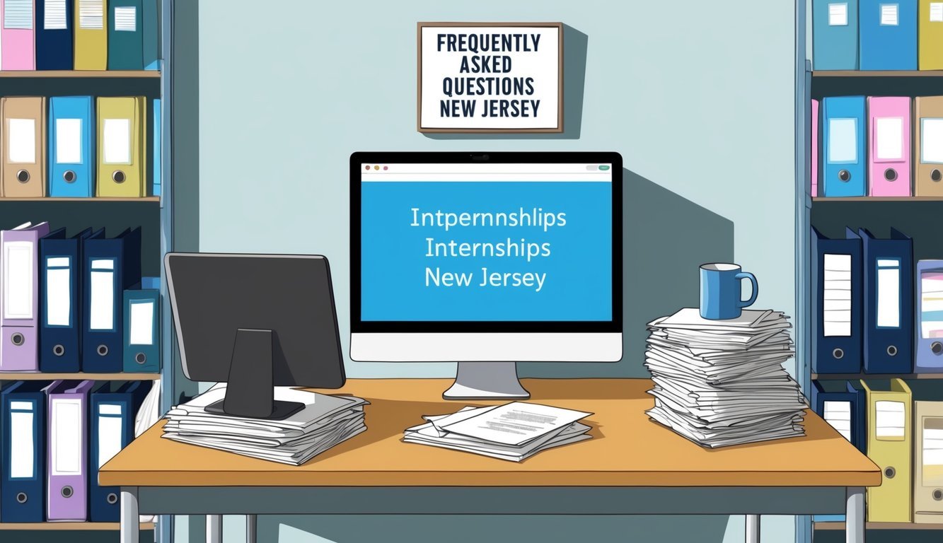 A desk with a computer, stack of papers, and a mug, surrounded by shelves of binders and files.</p><p>A sign on the wall reads "Frequently Asked Questions Internships New Jersey."