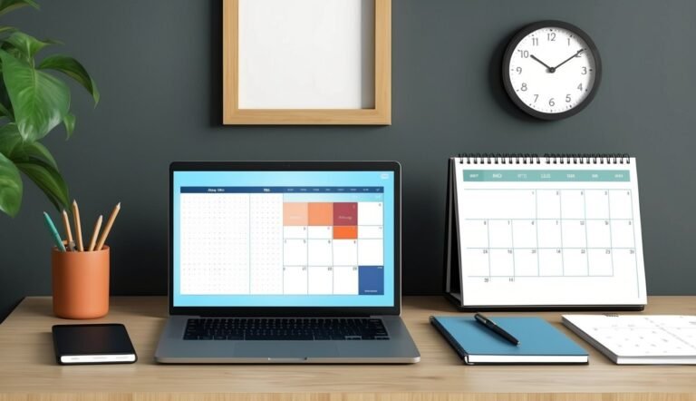 Laptop with calendar, desk calendar, clock, and office supplies on a desk