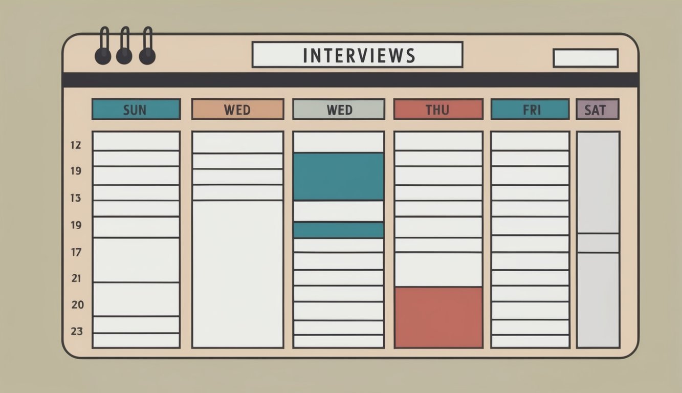 A blank calendar with time slots and dates, labeled for interviews