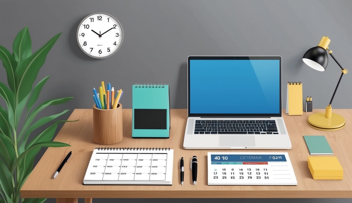 A desk with a laptop, calendar, and pen.</p><p>A clock on the wall